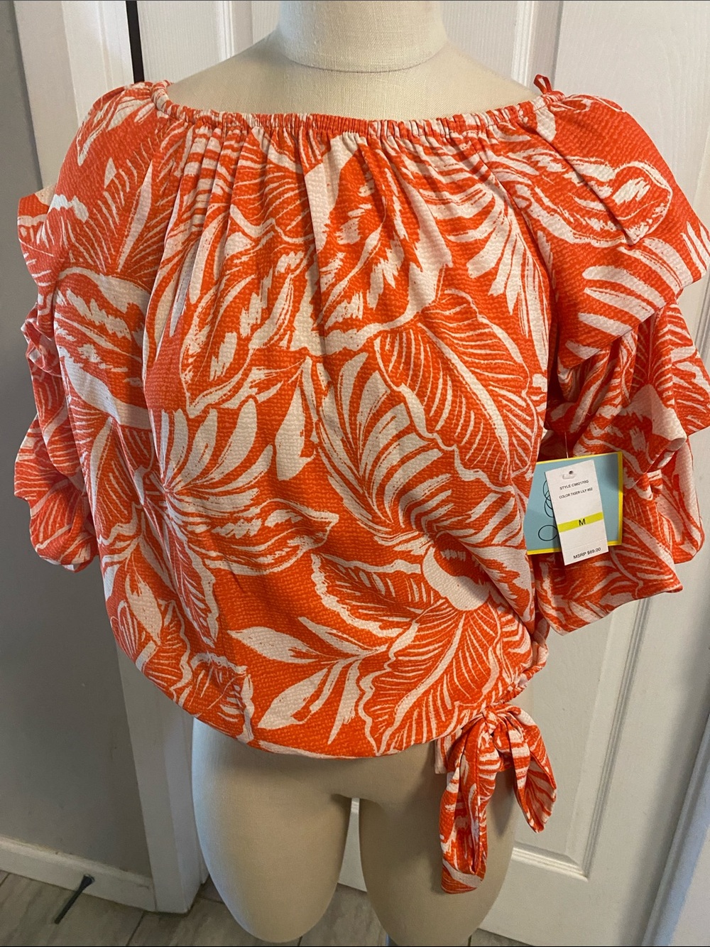 CeCe Bright Orange Floral Off-Shoulder Tie-Hem Top - Women size M